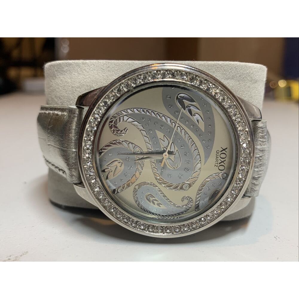 XOXO by Accutime Silvertone and Rhinestone Quartz Watch Paisley Silver Leather